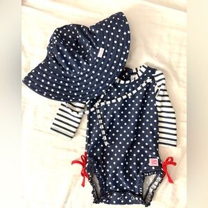 Ruffle Butts Baby Polka Dot & Stripe Red White Blue Swim Suit & Hat